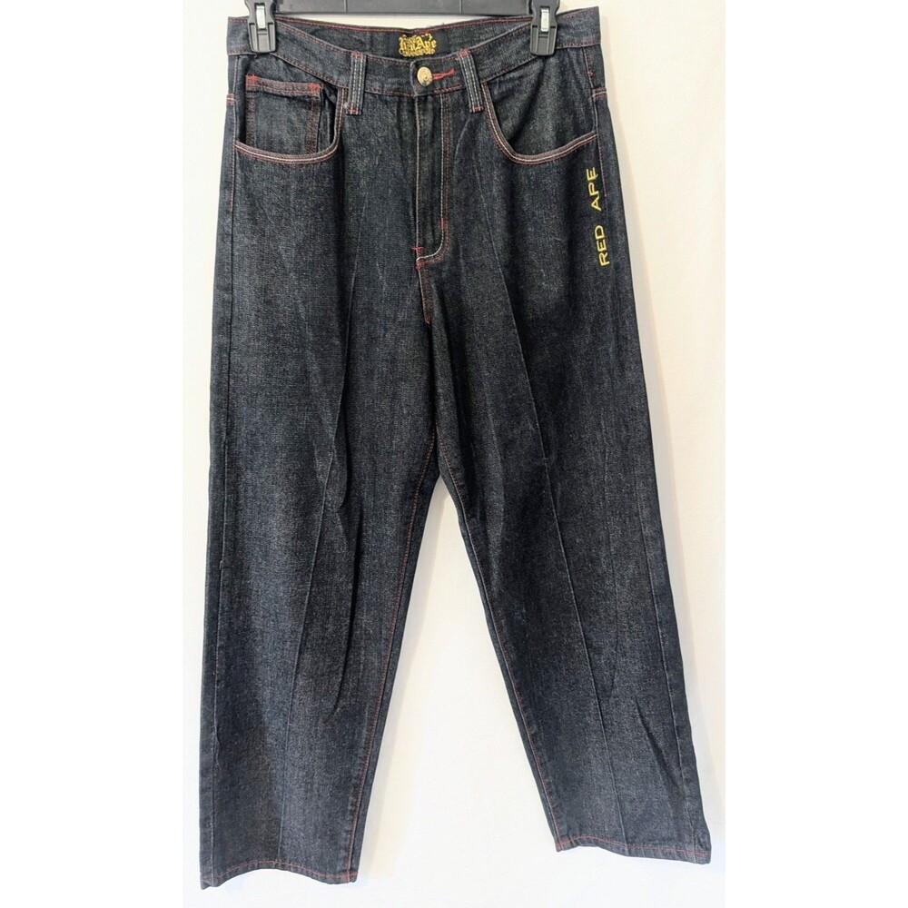Red Ape Authentic Baggy Raw Indigo Denim Jeans Red Contrast Stitching Size 32